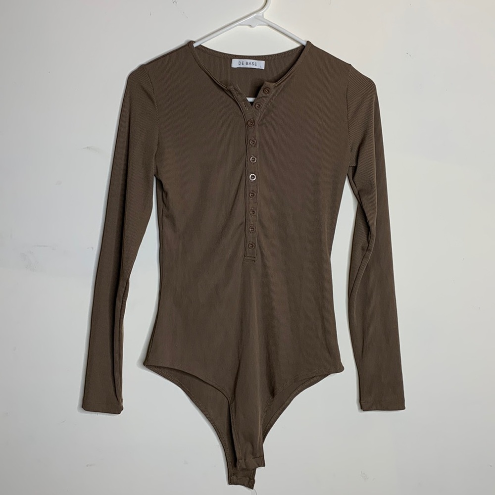 De Base Ribbed Brown Long Sleeve Button Up BodySuit Size L